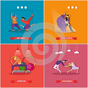 People dancing in different styles. Breakdance, paso doble, contemporary dance. Vector illustration in flat design photo