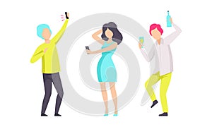 People Dancing and Drinking at Party, Young Man and Woman in Fashionable Outfit Having Fun at Nightclub Flat Vector