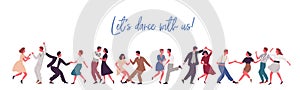 People dancing lindy hop, swing or jazz dance of 40s. Party time in retro rock n roll style. Banner with lettering and