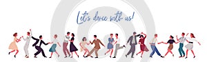 People dancing lindy hop, swing or jazz dance of 40s. Party time in retro rock n roll style. Banner with lettering and photo
