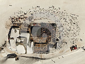 People dancing in a mountain bar in the ski resort of Les 2 Alpes, France. Aerial drone view of people enjoying apres-ski. Apres