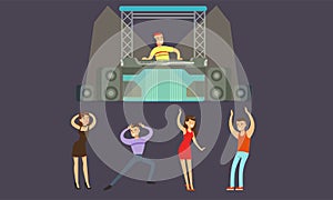 People Dancing at Nightclub, DJ Playing Music Vector Illustration