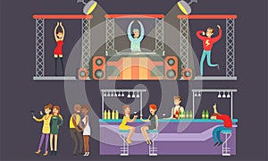 People Dancing at Nightclub, Young Men and Women Drinking in the Bar, DJ Playing Music Vector Illustration