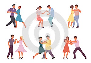 People dancing in pairs set. Stylish male and female characters perform incendiary tango guy girl in rhythm of salsa