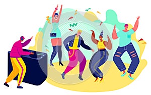 People dancing at party, men and women in club, vector illustration