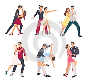 People dancing salsa. Couples, man and woman in dance, in different postures. Colorful flat illustration set.