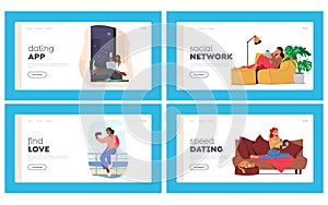 People Dating Online Landing Page Template Set. Young Male and Female Characters Chatting via Smartphones or Laptops