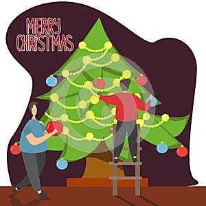 People decorate a large Christmas tree with big toys. Christmas vector illustration with the inscription.
