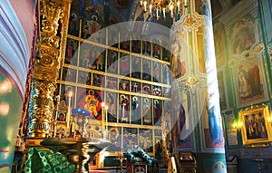 People at decorated altar of Annunciation Cathedral in Kremlin of Kazan, Russia