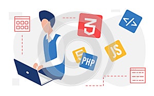 People developer create code, programming web language with icons, programmer working