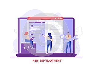 People developing mobile or web product. Web development. Concept of app development, UI interface, designing and programming