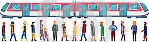 People in different clothes and subway train. Passengers going to underground public transport