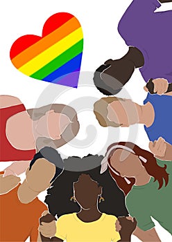 people from different ethnic groups in rainbow-colored clothes are holding hands. LGBT community. Human rights. LGBTQ