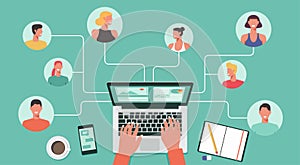 People with different and expert skills connecting working online together on laptop