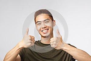 People, different expressions and lifestyle concept. Close-up portrait of happy, satisfied asian man leave positive