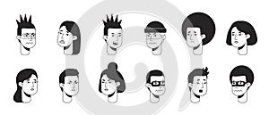 People with different facial expressions monochromatic flat vector character faces pack