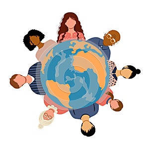 People of different nationalities and ages located around the Earth planet. Unity of different people. Vector illustration in flat