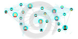 People of different nationalities, from different countries and continents, on the world map. Social network community concept