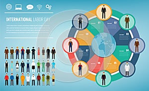 People of different occupations with infographics elements. Professions icons set. Business template for international