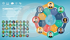 People of different occupations with infographics elements. Professions icons set. Business template for international