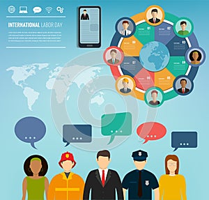 People of different occupations with infographics elements. Professions icons set. Business template for international