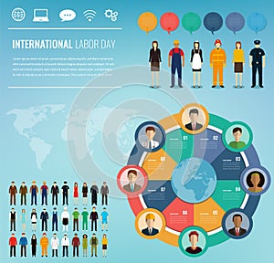 People of different occupations with infographics elements. Professions icons set. Business template for international
