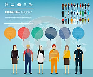 People of different occupations. Professions set with infographic elements. International Labor Day. Vector