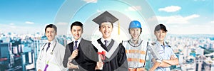 People in different occupations standing with graduation