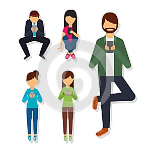 People in different poses using mobile phone