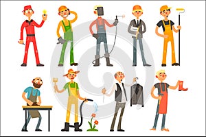 People of different professions and occupations in working outfit. Electrician, builder, welder, architect, molar