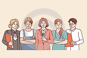 People diverse professions are smiling standing in service uniforms and posing for labor day poster