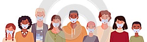 People of different race, age, wearing medical masks, diverse man woman and kid standing