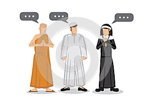 People of different religions. Islam Muslim, Buddhism monk and a christianity nun. Friendship and peace conversation between