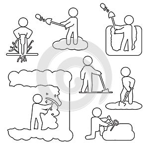 People digging, excavating or drilling thin line icon set. Vector outline icons.