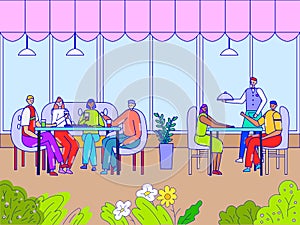 People dining in cafe, cartoon characters in restaurant, friends eating lunch together, vector illustration