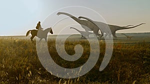 People and dinosaurs. Realistic animation. Landscape view.