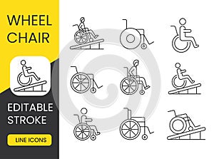 People with disabilities, limited mobility people in a wheelchair, line icons set vector editable stroke