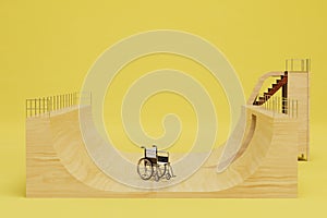 people with disabilities want to play sports. a wheelchair on a skateboarding ramp. 3D render