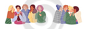 People discussion meeting, gossip together, women two group and man telling, whispering secrets vector illustration