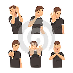 People with dissatisfied face expression showing different gestures set cartoon vector illustration