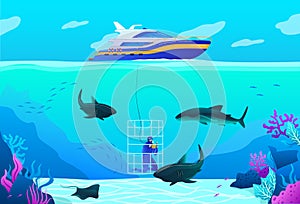 People diving vector illustration, cartoon flat professional scuba diver character swimming with shark, extreme under