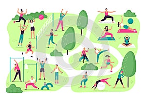 People do sports in park. Outdoor sport activities, group workout and healthy lifestyle vector illustration