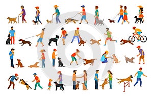 People with dogs graphic collection.man woman training their pets basic obedience commands photo