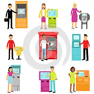 People doing ATM machine money deposit or withdrawal set, man and woman using ATM terminal colorful vector Illustrations