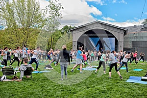 People doing collective fitness in St. Petersburg. Russia