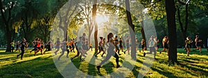 People doing fitness in the park. Selective focus.