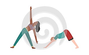 People doing fitness or yoga. Woman and man do exercises flat vector illustraton photo