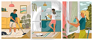 People doing housework and cleaning home. Vector set of posters with man vacuuming floor and woman wash dishes and clean