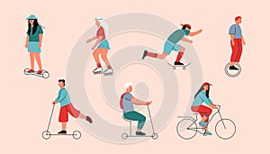 People doing outdoor activities. Abstract male female cartoon characters ride bicycle scooter skate rollers. Vector set