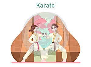 People doing sport. Karate fighters in kimono. Traditional sport or mortal